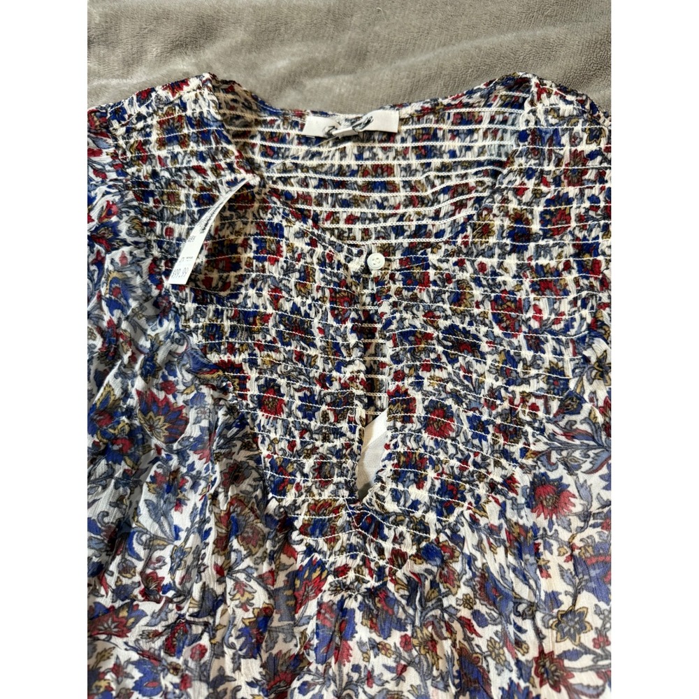 NWT Madewell Smocked Split Crewneck Top Cherry Red Blue Size Small Long Sleeve - Picture 5 of 9